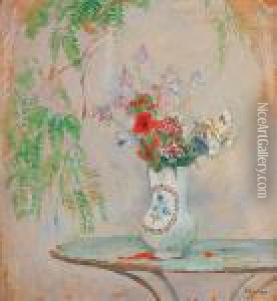 Bouquet De Fleurs Sur Le Gueridon Du Jardin Oil Painting - Henri Lebasque