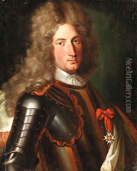 Portrait of a nobleman, said to be Marechal Tourrain, bust-length, in armour, wearing a lace cravat, a wig and the star of the Order of the Garter Oil Painting - Mignard, Pierre II