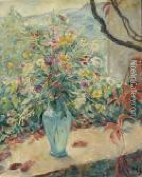 Bunter Blumenstrauss In Blauer Vase Auf Einer Brustung. Oil Painting - Emil Orlik