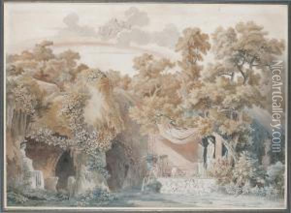 Stage Design: A Grotto With The Temple Of Vesta, Juno In The Sky Above Oil Painting - Charles Percier