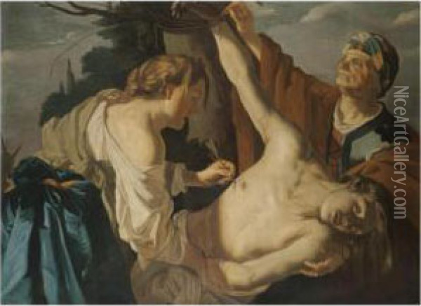 Saint Irene Tending To Saint Sebastian Oil Painting - Dirck Van Baburen