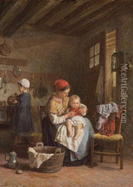 French, - Family In Asunlit Kitchen Oil Painting - Theophile-Emmanuel Duverger