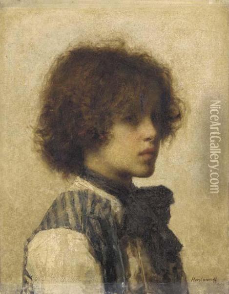 A Young Boy Wearing A Striped Vest Oil Painting - Alexei Alexeivich Harlamoff