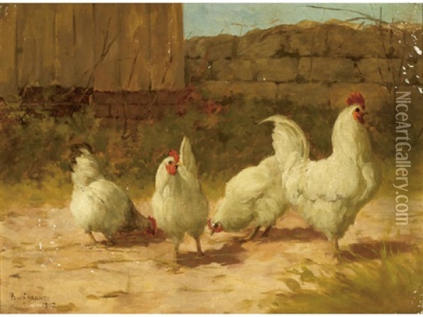 Chickens In A Farmyard Oil Painting - Paul Harney Jr.