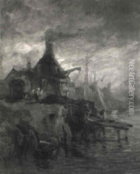 Flussufer Mit Dorfpartie Und Hafenanlage In Abendstimmung Oil Painting - Gustav Schoenleber