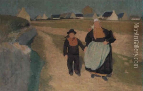Bretonne Et Enfant Dans Un Paysage Oil Painting - Robert Delaunay