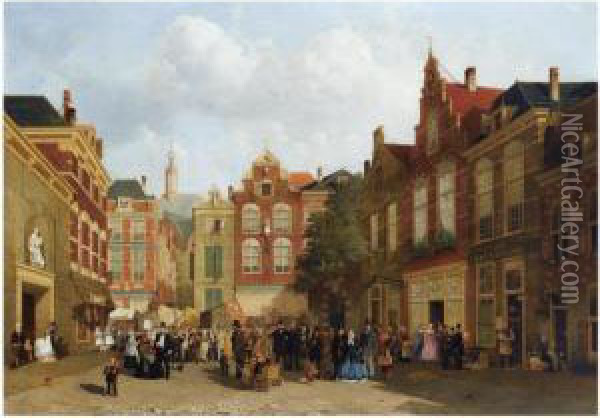 The Daily Market On The Groenmarkt With The St. Jacobskerk Inthe Back, The Hague Oil Painting - Joseph Bles