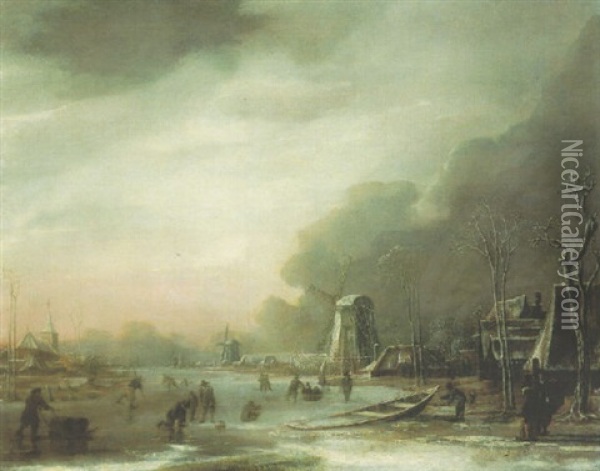 A Winter Landscape With Skaters And Kolf Players, A Church And Windmills Beyond Oil Painting - Aert van der Neer