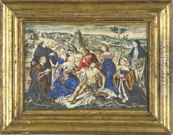 Compianto Sul Cristo Morto Con Due Donatori Oil Painting - Giovanni B. (Il Genvovese) Castello