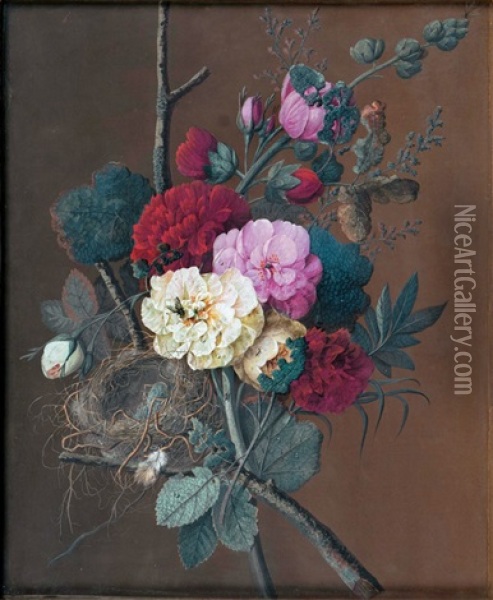 Bouquet Mit Bluten, Vogelnest Und Insekten Oil Painting - Jan Frans Van Dael