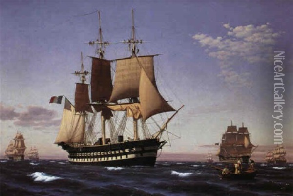 Marine Med Fransk Orlogsfartoj Oil Painting - Julius Prommel
