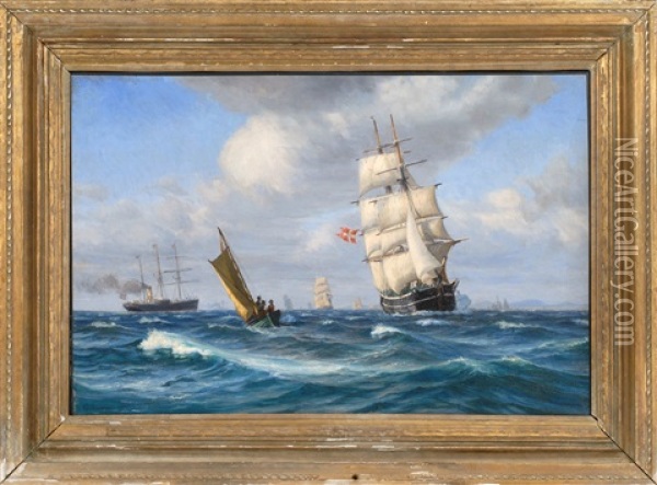Numerous Vessels In A Shipping Channel Oil Painting - Vilhelm Karl Ferdinand Arnesen