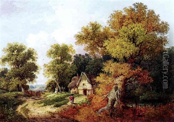 Landscape With A Figure Before A Cottage Oil Painting - John Berney Ladbrooke