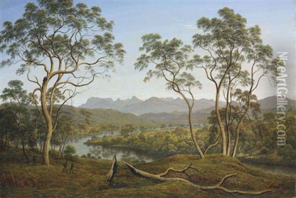 Ben Lomond From Mr Talbot's Property -- Four Men Catching Opossums Oil Painting - John Glover