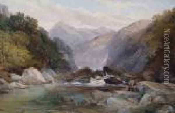 Scottish River Landscape With Fisherman By Apool Oil Painting - Thomas Creswick