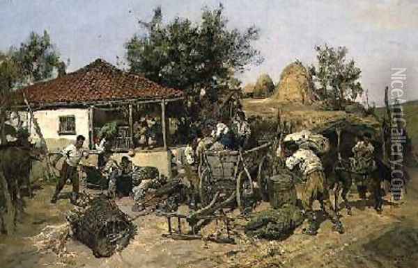 Peasants Loading a Cart Oil Painting - Pawel Kowalewsky