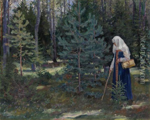Gathering Mushrooms In The Forest Oil Painting - Sergey Arsenievich Vinogradov