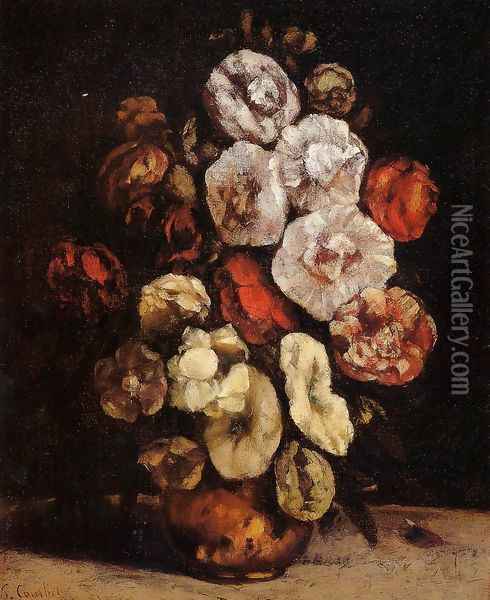 Hollyhocks In A Copper Bowl Oil Painting - Gustave Courbet