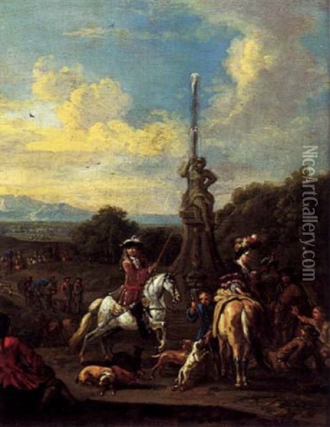 La Halte Des Cavaliers Pres D'une Fontaine Oil Painting - Justus van Huysum the Elder
