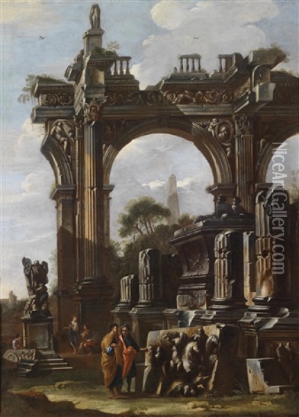 Capriccio Mit Ruinen Und Figuren Oil Painting - Domenico Roberti
