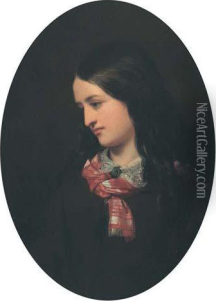 Portrait Of A Young Woman With Plaidscarf Oil Painting - Cornelius Krieghoff