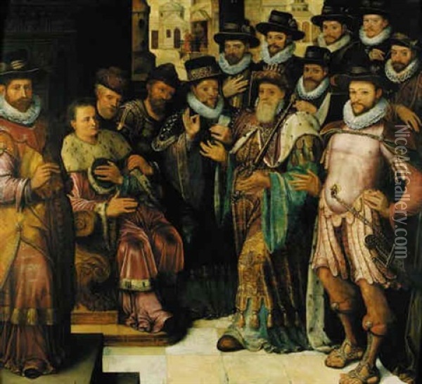 The Justice Of Cambyses: An Allegorical Group Portrait Of The City Councillors (?) Oil Painting - Anthuenis Claeissins