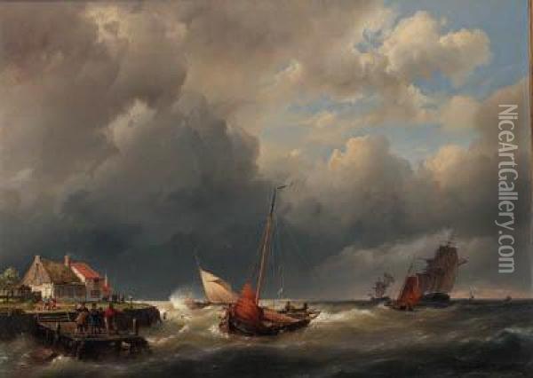 Shipping In Stiff Breeze Oil Painting - Hermanus Koekkoek