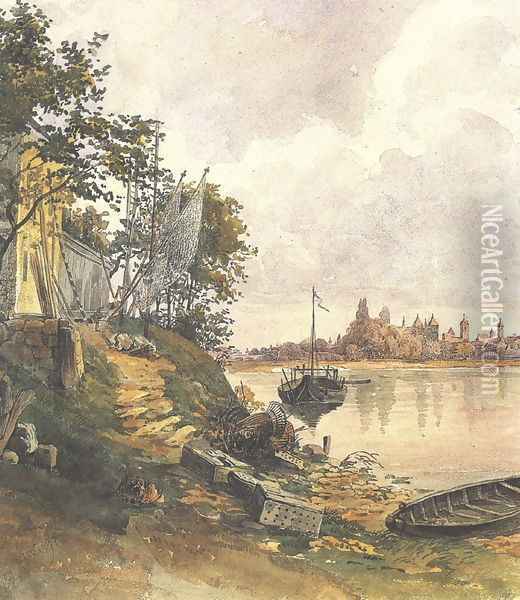 Regensburg View of the River Bank 1849 Oil Painting - Karoly Lajos Libay