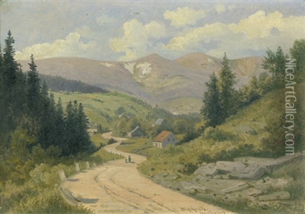 Blick Ins Schlesische Riesengebirge Bei Agnetendorf; Bauerliches Anwesen In Sommerlicher Landschaft (2 Works) Oil Painting - Arthur Blaschnik