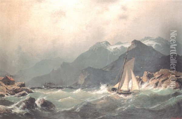 Shipping Off A Coast In Rough Seas Oil Painting - Johannes Bartholomaeus Duntze