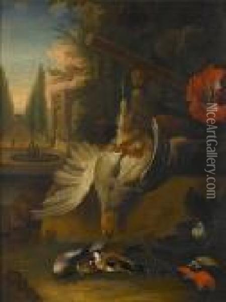 A Dead Partridge With Dead Songbirds With A View To A Park Landscape Beyond Oil Painting - Jan Baptist Weenix