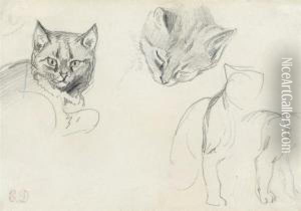 Two Studies Of A Cat's Head, With Subsidiary Sketches Of A Seated Cat Oil Painting - Eugene Delacroix