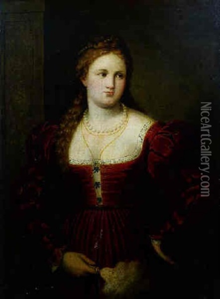 Portrait Of A Woman In Red Holding A Fan Oil Painting - Paris Bordone