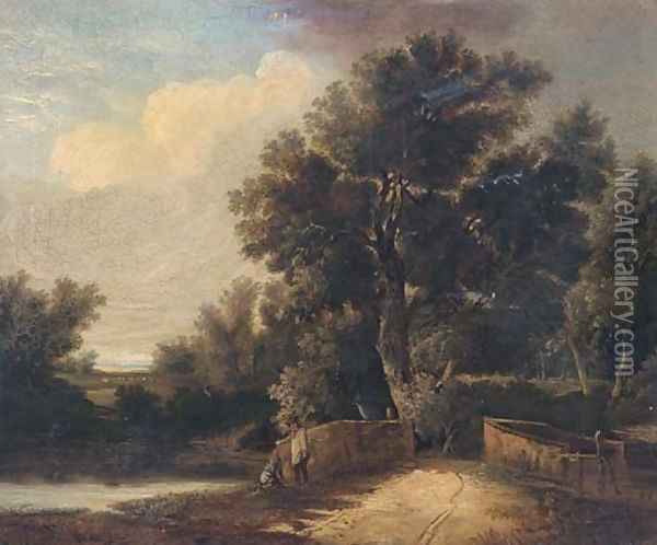 Figures by a bridge in a wooded landscape Oil Painting - John Berney Ladbrooke
