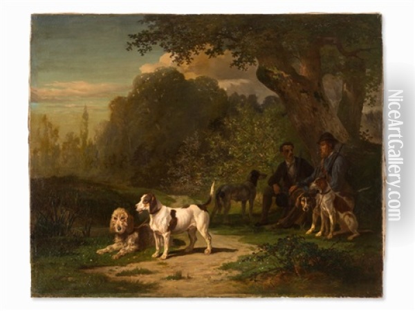 Resting Hunters With Dogs Oil Painting - Leopold de Besenval