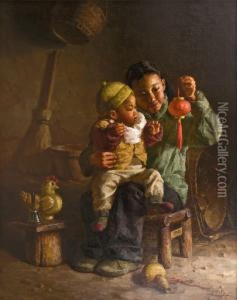 Baby Sitter Oil Painting - Zhou Wei