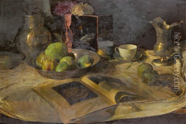 Stillleben Mit Apfeln Und Kunstband Oil Painting - Rene Reinicke