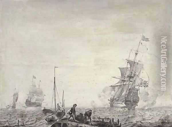 Men-o'-war and other vessels in a stiff breeze before a coast, young men carrying a basket in the foreground 'en grisaille' Oil Painting - Olfert De Vrij