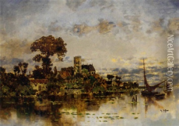 A Village On An Estuary Oil Painting - Karl Heffner