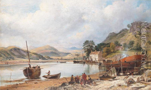 Shipbuilding At Penmaenpool, Merioneth Oil Painting - Charles Tattershall Dodd