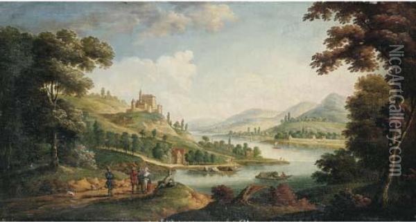 A River Landscape With Figures On A Path And A Village Beyond Oil Painting - F. Fouquier