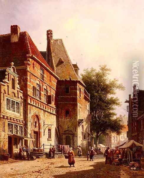 A Sunlit Street On A Market Day Oil Painting - Adrianus Eversen