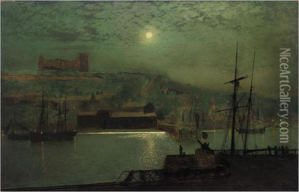 Whitby Harbour By Moonlight Oil Painting - John Atkinson Grimshaw