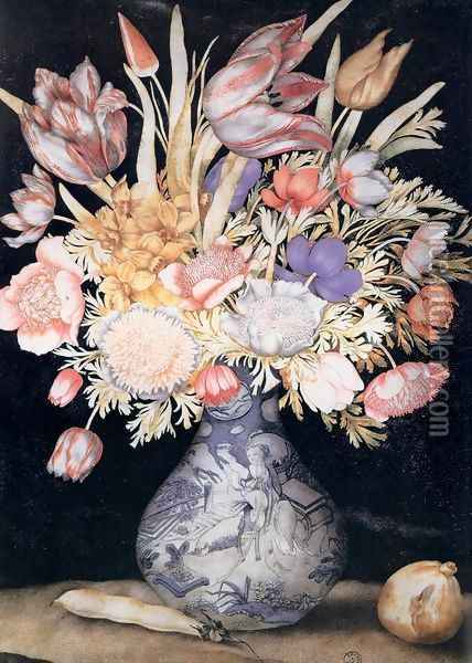 Chinese Vase with Flowers, a Fig, and a Bean Oil Painting - Giovanna Garzoni