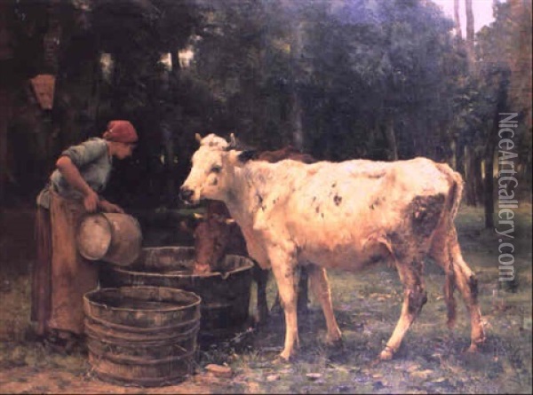 Young Milkmaid With Cattle In A Landscape Oil Painting - Julien Dupre