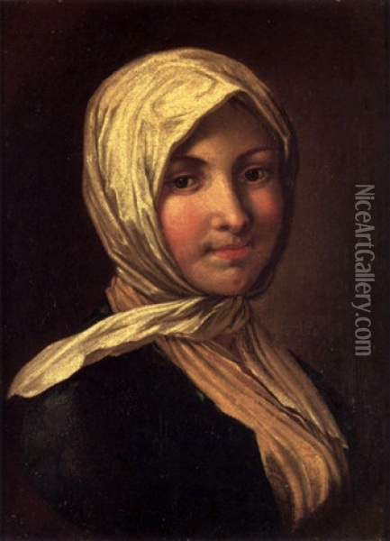 Portrait Of A Girl, Wearing A Blue Coat, Yellow Scarf And A White Headdress Oil Painting - Pietro Antonio Rotari