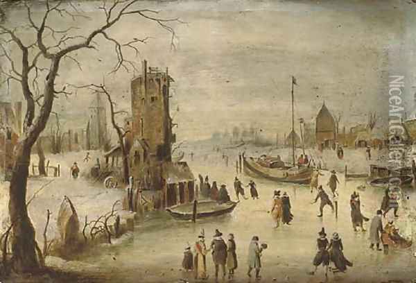 A frozen river landscape with skaters, a church beyond Oil Painting - Hendrick Avercamp