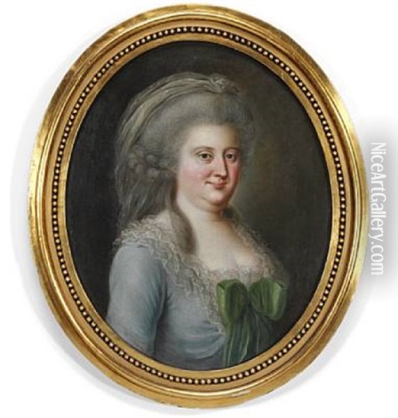Portrait Of A Woman In A Blue Dress With A Green Bow Oil Painting - Jens Juel