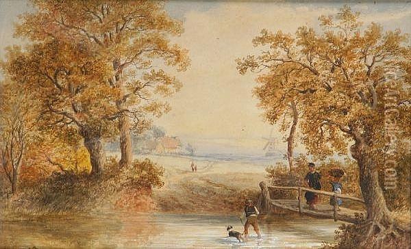 Figures On A Bridge With Windmill Beyond Oil Painting - Thomas Smythe