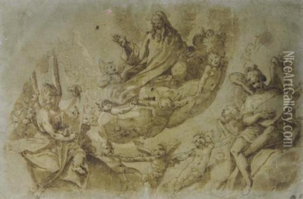 God The Father Surrounded By Angels And Cherubim Oil Painting - Raffaello Motta